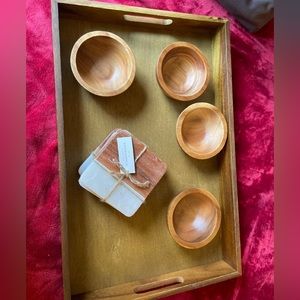 Brown canvas handled tote with accessories